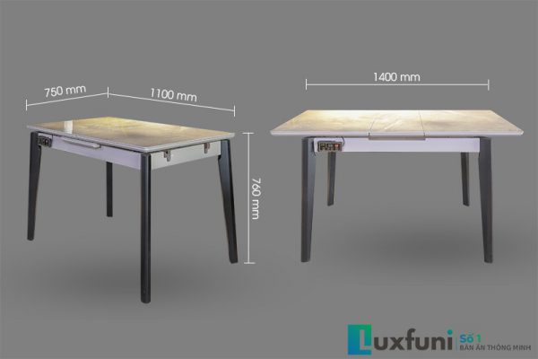 Kích thước bàn ăn thông minh T5138. Từ 1,1m mở ra được 1,4m thích hợp 6-8 người sử dụng.